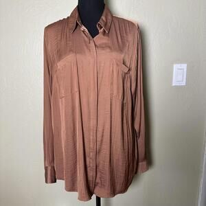 Modern Minimalist XXL Satin Feel Button-Up Relaxed Fit Rust Brown Copper Neutral